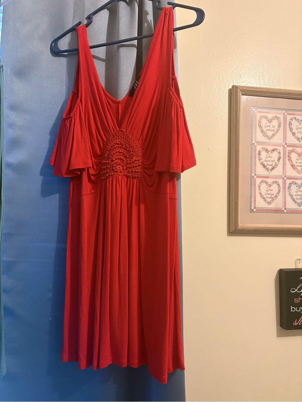 Midnight Velvet Red Cold-Shoulder V-Neck Tunic with Crochet Medallion
